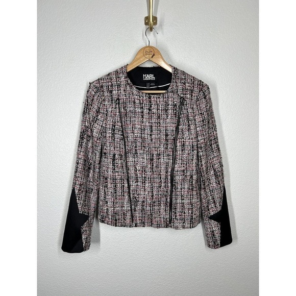 Karl Lagerfeld Womens Tweed Double Zip Moto Jacket Blazer IT 44 US Medium - Picture 2 of 8
